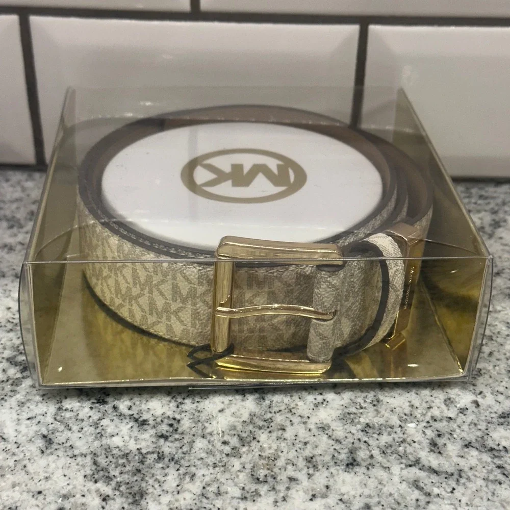 Michael Kors Women's MK Signature Logo Belt Small Medium Gold Buckle Classic New